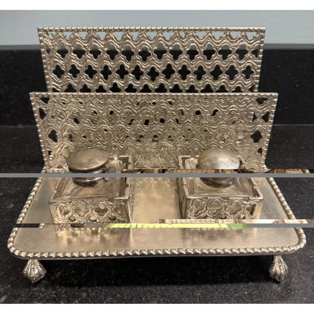 Vintage Silver Plated Double Inkwell Desk Organizer Letter Rack Made in India